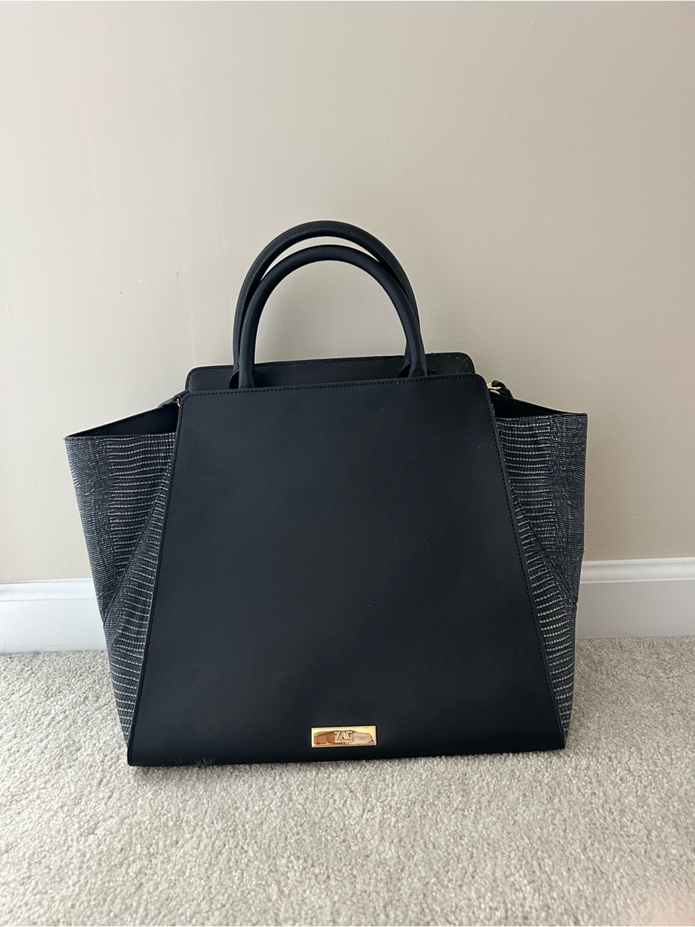 Zac Posen Black Structured Tote with Textured Side Panels and Gold Accent